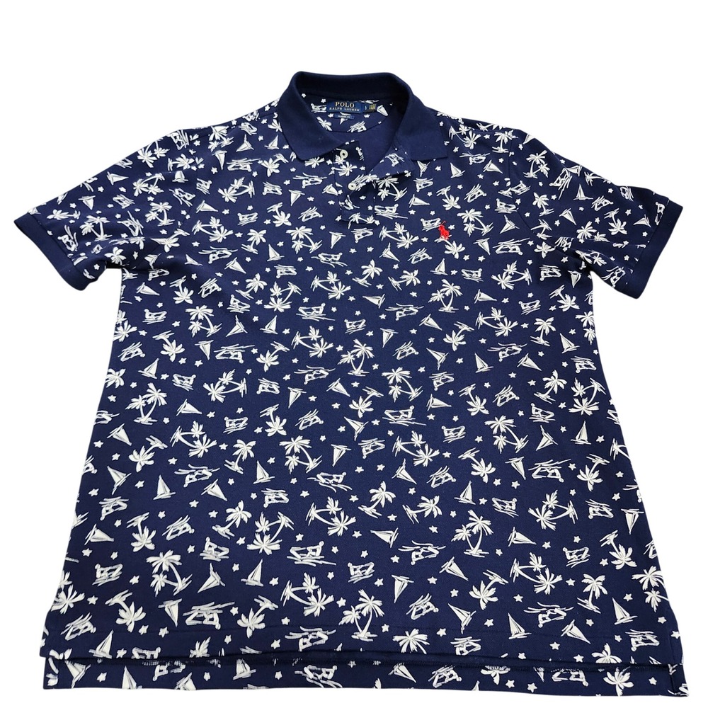 POLO RALPH LAUREN POLO MENS LG CLASSIC FIT NAVY TROPICAL NAUTICAL EUC